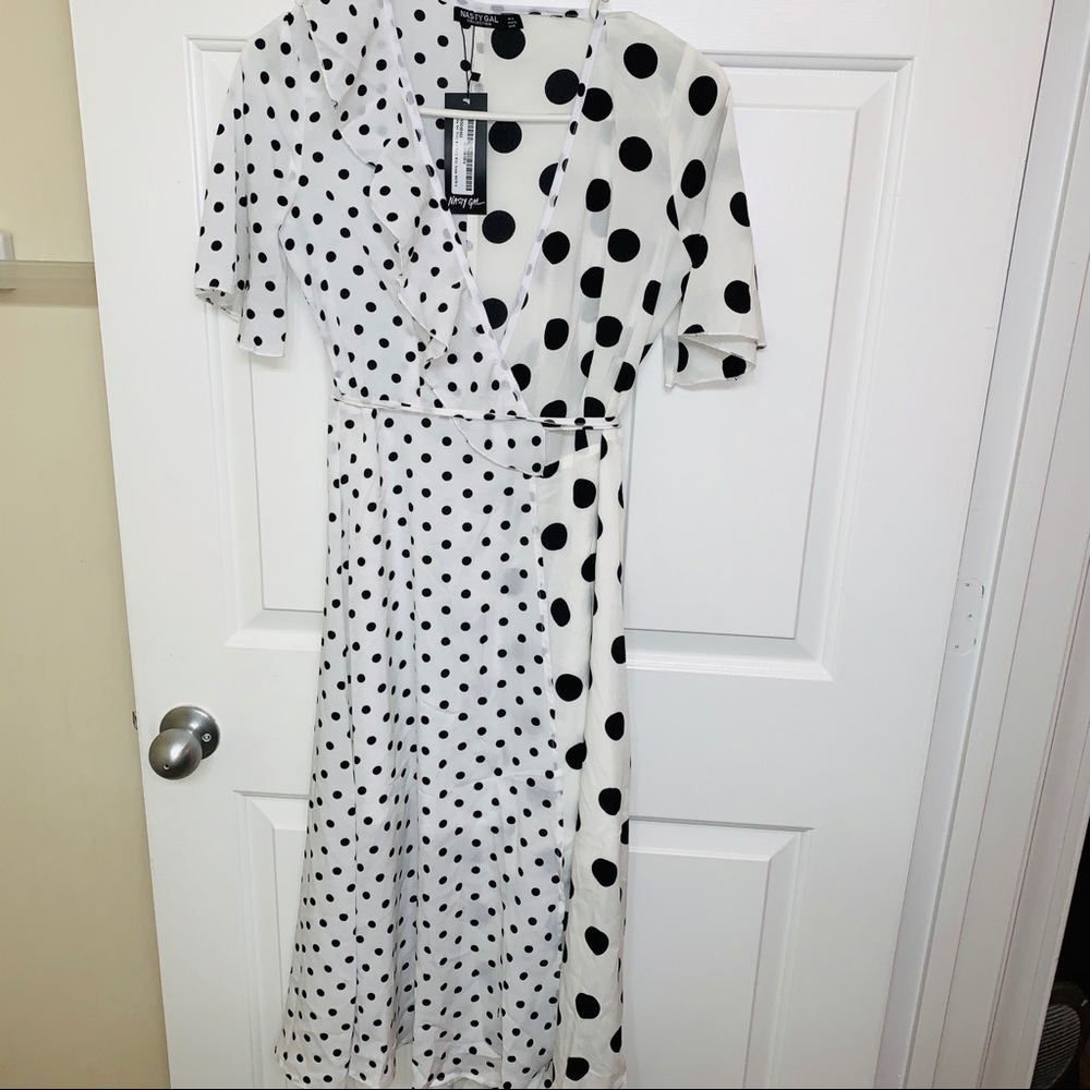 Nasty Gal Polka Dot Print Mix Frill Midi Dress - Picture 6 of 13